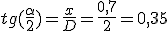 tg(\frac{\alpha}{2})=\frac{x}{D}=\frac{0,7}{2}=0,35