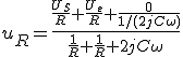u_R=\frac{\frac{U_S}{R}+\frac{U_e}{R}+\frac{0}{1/(2jC\omega)}}{\frac{1}{R}+\frac{1}{R}+2jC\omega