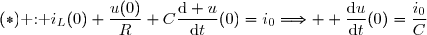 (*)\text{ : }i_L(0)+\dfrac{u(0)}{R}+C\dfrac{\text{d} u}{\text{d}t}(0)=i_0\Longrightarrow  \dfrac{\text{d}u}{\text{d}t}(0)=\dfrac{i_0}{C}