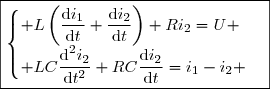 \boxed{\begin{cases} L\left(\dfrac{\text{d}i_1}{\text{d}t}+\dfrac{\text{d}i_2}{\text{d}t}\right)+Ri_2=U \\ LC\dfrac{\text{d}^2i_2}{\text{d}t^2}+RC\dfrac{\text{d}i_2}{\text{d}t}=i_1-i_2 \end{cases}}