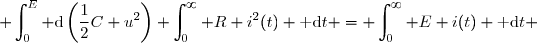 \displaystyle \int_{0}^{E} \text{d}\left(\dfrac{1}{2}C u^2\right)+\int_{0}^{\infty} R i^2(t) \text{ d}t = \int_{0}^{\infty} E i(t) \text{ d}t 